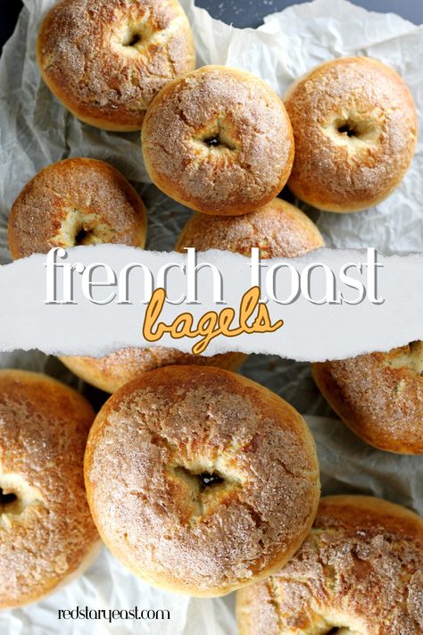 Why choose between French toast and bagels for breakfast when you can have both? These fluffy, soft bagels are easy to bake and taste just like classic French toast with maple, cinnamon, brown sugar and vanilla flavors. Don’t forget the cream cheese! Pretzel Bagels, French Toast Bagels, Easy Begal Recipe, French Toast Bagel, Cinnamon Bagel Recipe, Cinnamon Bagels Recipe Homemade, Homemade Cinnamon Bagels, Flavored Bagels, Best Bagel Recipe