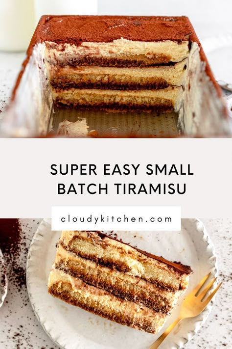 Small Batch Tiramisu is the perfect Easy Tiramisu Recipe. Small Batch Tiramisu is assembled in a loaf pan, and has layers of espresso soaked lady fingers and a zabaglione filling. This small batch dessert recipe is perfect to make ahead for any occasion.