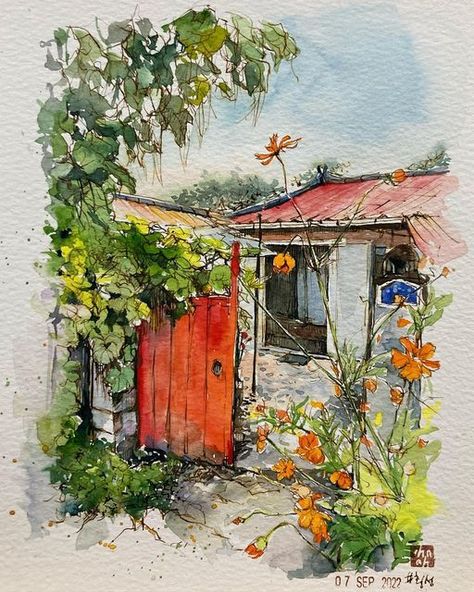 Cottagecore Drawing, Watercolor House Painting, Urban Painting, Art Drawings Sketches Pencil, Paper Craft Diy Projects, Landscape Art Painting, Watercolor Painting Techniques, 수채화 그림, Watercolor Paintings Tutorials