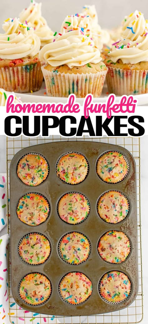 There's always a reason to celebrate something, and what better way than with scrumptious and delightful-looking Funfetti Cupcakes! #Realhousemoms #funfetti #cupcakes #dessert #kidapproved #sprinkles #whippingcream #backtoschool Homemade Confetti Cupcakes, Funfetti Cupcakes From Scratch, Cupcake Recipes Birthday, Sprinkle Desserts, Homemade Funfetti Cupcakes, Funfetti Cupcake Recipe, Christmas Bake Off, Cook Book Ideas, Cream Filled Cupcakes