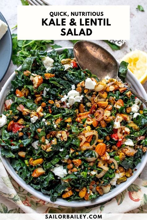 Feel good, nutritious Kale And Lentil Salad is packed with garlic lemon flavor and zesty nuts in each bite. Ready in 20 minutes or less. via @sailor_bailey Lentils And Kale, Lentil Kale, Vegan Salad Dressing Recipes, Salad Caprese, Sailor Bailey, Lentil Salad Recipes, Salad Cucumber, Canned Lentils, Nicoise Salad