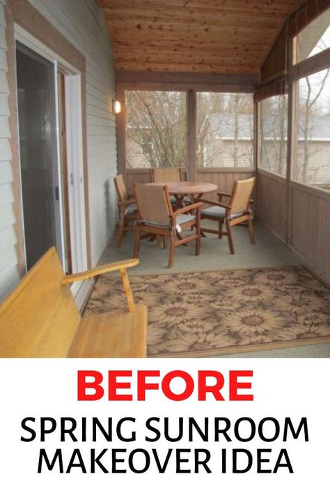 Decorating on a budget? check out the before and after photos of this sunroom remodel for some inspiration. The bold color scheme for trimmings instantly updates this old looking space. #diy #sunroom #makeover Sun Porch Ideas Enclosed, Small Enclosed Porch, Sunporch Ideas, Diy Sunroom, Small Sunroom Ideas, Sunroom Renovation, Sunroom Makeover, Sunroom Remodel, Cozy Sunroom