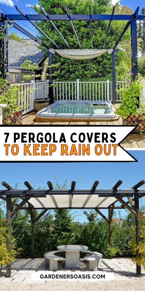 These DIY waterproof pergola cover ideas will help provide shade and protect your patio or deck from the rain. Perfect for outdoor entertaining in your backyard. Pergola With Fabric Roof, Deck Rain Cover Ideas, Diy Pergola Covers Waterproof, Sail Patio Cover Canopies, Pergola Covers Waterproof, Backyard Rain Cover, Waterproof Pergola Ideas, Diy Retractable Pergola Canopy, Pergola Cover Ideas Waterproof