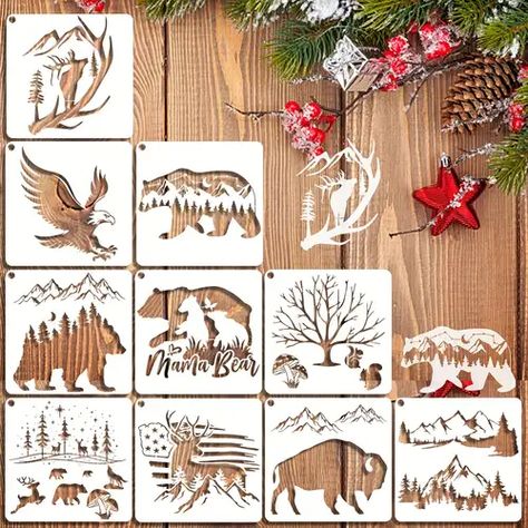 Pine Wood Projects, Mountain Stencil, Cricut Cutouts, Tree Stencils, Burning Painting, Deer Stencil, Animal Stencil Art, Crafts Wall Decor, Animal Stencils