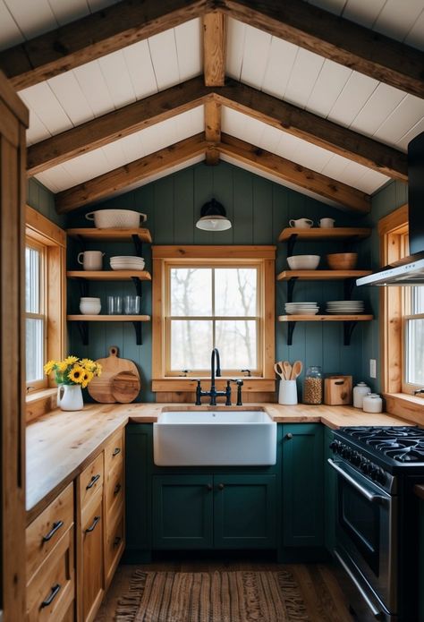 Rustic Cabin Kitchen Ideas for Tiny House Living: Maximizing Space and Style - DownsizeGeek Cabin Small House, Tiny Cabins Interiors Loft, Tiny Guest House Ideas, Cabin Walls Interior, Shed House Kitchen, Tiny Home Farmhouse Style, Tiny Cabin Interiors Small Cottages, Green Cabin Kitchen, Tiny Lake Cabin