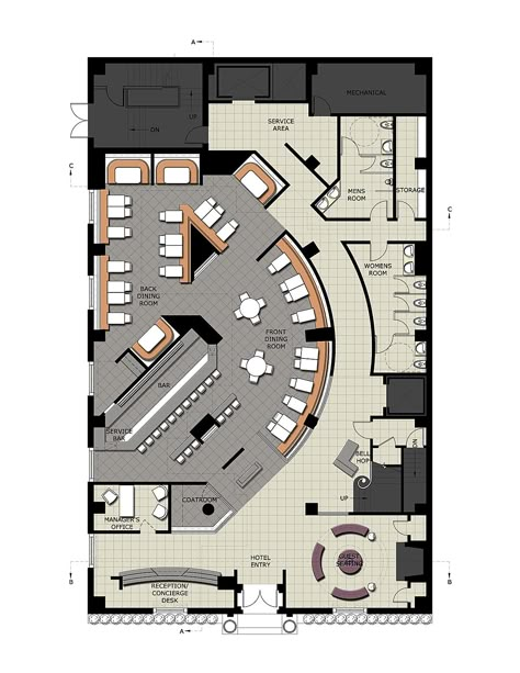 A boutique hotel and restaurant/lounge in Philadelphia, PA called Hotel du Jour & Mystique Lounge. Cafe Floor Plan, Restaurant Floor Plan, Cafe Plan, Cafeteria Design, Restaurant Layout, Boutique Hotels Design, Restaurant Plan, Office Floor Plan, Hotel Floor Plan