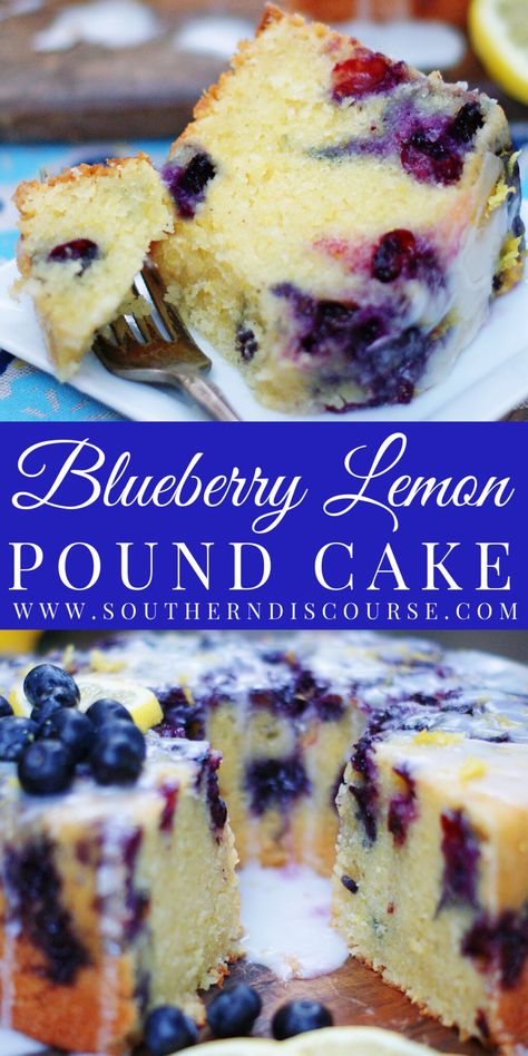 Blueberry Lemon Pound Cake with Lemon Glaze - southern discourse Blueberry Lemon Pound Cake, Blueberry Lemon Cake Recipe, Lemon Blueberry Pound Cake, Lemon Blueberry Bundt Cake, Blueberry Bundt Cake, Blueberry Pound Cake, Pound Cake Recipes Easy, Lemon Pound Cake Recipe, Blueberry Cake Recipes