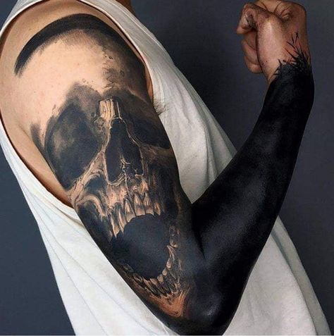 22 Best Skull Tattoo Ideas - The XO Factor Blast Over Tattoo, Black Sleeve Tattoo, All Black Tattoos, Solid Black Tattoo, Black Art Tattoo, Black Tattoo Cover Up, Skull Sleeve Tattoos, Skull Sleeve, Blackout Tattoo