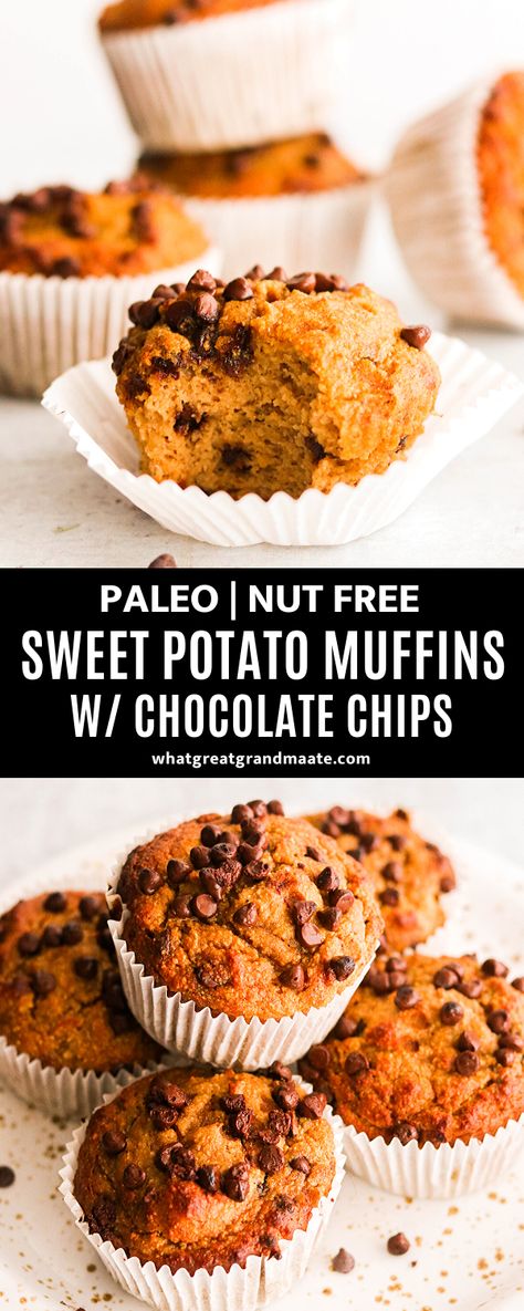 Paleo Sweet Potato Muffins, Healthy Sweet Potato Muffins, Nut Free Baking, Sweet Potato Muffin Recipe, Muffins With Chocolate Chips, Muffins With Chocolate, Muffins Paleo, Gluten Free Sweet Potato, Potato Muffins