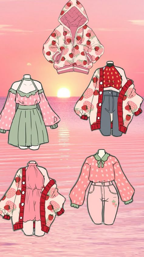 Cute Drawn Outfits, Fruit Outfits Drawing, Watermelon Inspired Outfit, Strawberry Dress Drawing, Strawberry Outfit Drawing, Strawberry Inspired Outfit, Ochaco Cosplay, Clothes Design Sketches, Fairy Video