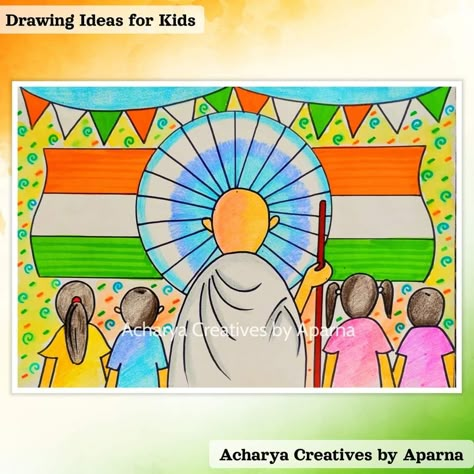 Independence Day Memory Drawing, Indian Festival Memory Drawing, Indian Traditional Values Drawing, Independent Day Drawing Ideas, Festival Drawing For Kids, Drawing Competition Topics, Values Drawing, 26 January Drawing, Independent Drawing