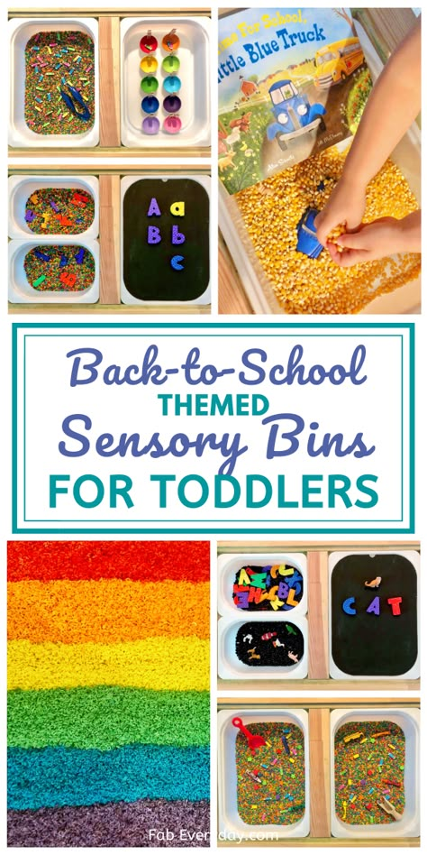 More fabulous ideas for sensory bins for toddlers! In this article, we are sharing back to school sensory bin ideas, including lots of educational sensory bin toddler activities to support what classroom learning, how to dye rice for sensory play, and how to color pasta for a sensory table base. This article is full of great DIY sensory table ideas and sensory games, so be sure to bookmark it to come back to later. Click or visit FabEveryday.com for all the fall sensory bins for toddlers. Sensory Table Kindergarten, September Sensory Table Ideas, Beginning Of The Year Sensory Table, Back To School Sensory Bin Toddlers, 2nd Grade Sensory Bins, August Sensory Bin Preschool, Beginning Of School Sensory Bin, First Week Of School Sensory Bin, Sensory Bins Back To School