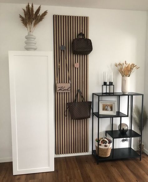 WoodUpp_com’s Instagram post: “You can easily mount coat hooks on the Akupanel to use it as wardrobe 😉⁠ ⁠ Colour: Akupanel Classic Oak (Black Felt). Link in Bio!⁠ ⁠…” Wooden Walls Living Room, Wardrobe Colour, Acoustic Panel, Room Remodeling, Acoustic Panels, Black Felt, Living Room Inspo, Coat Hooks, Entryway Decor