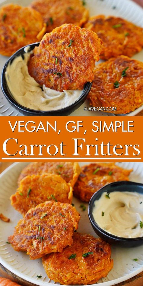 These carrot fritters are crispy outside, tender inside, and perfectly spiced for heaps of flavor! A light yet hearty gluten-free, vegan appetizer, side dish, or light main! #carrotfitters #veganomelette #veganrecipes #carrotrecipes #elasrecipes | elavegan.com Carrot Fritters, Carrot Recipes Side Dishes, Carrot Dishes, Carrots Side Dish, Veggie Fritters, Vegan Appetizer, Korean Side Dishes, Fritters Recipe, Veggie Snacks