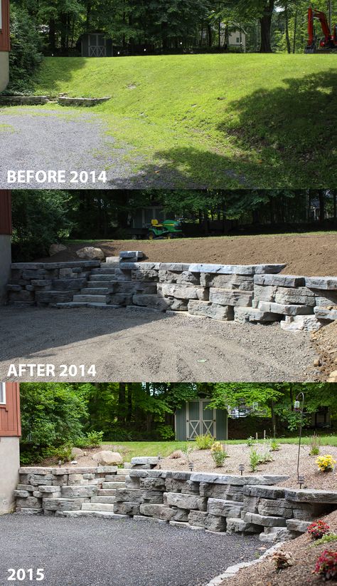 Rock Wall Landscaping Sloped Backyard, Retaining Wall Near Driveway, Backyard Retaining Wall Sloped Yard Patio, Driveways With Retaining Walls, Front Yard Retaining Wall Ideas Hillside, Retaining Wall Sidewalk, Slope Driveway Landscaping, Driveway Entrance Landscaping Hill, Retaining Wall Next To Driveway