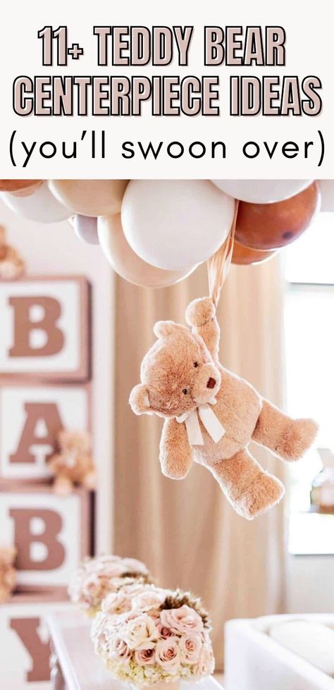 Make your celebrations truly memorable with DIY teddy bear centerpieces that are both charming and affordable. Whether it's a baby shower, gender reveal, birthday party, or small gathering, these adorable ideas are the perfect addition to any event. Discover how to create these cute hot air balloon-inspired decorations. Diy Bear Party Decor, Dollar Tree Teddy Bear Centerpiece, 1st Bear Birthday Party, We Can Barely Wait Table Decor, Floating Balloon Centerpieces, Beary First Birthday Decorations, Teddy Bear Party Decor, Teddy Bear Tea Party Ideas, Vintage Teddy Bear Baby Shower Theme