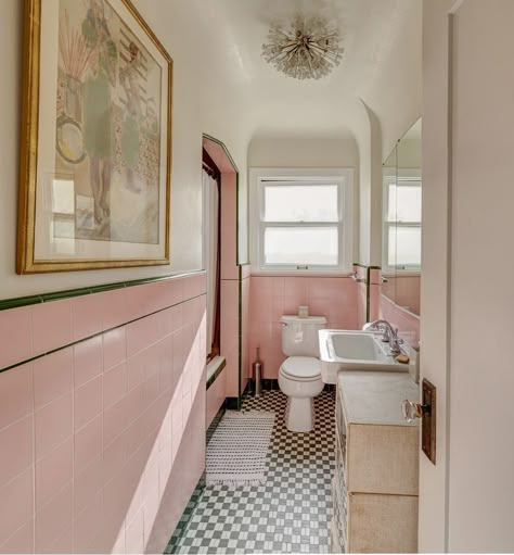 Tips for how to update old tile without removing it in a vintage bathroom with old sink and tub — Hausmatter Pink Tile Bathroom, Pink Bathroom Tiles, Retro Bathrooms, Pink Tiles, Pink Bathroom, Pink Collection, Vintage Bathroom, Painted Floors, Bathroom Inspo