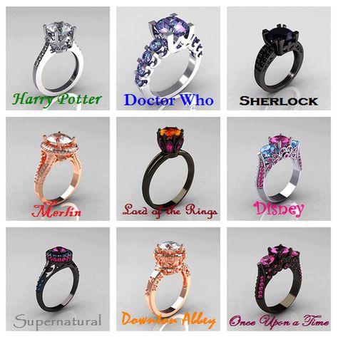 Disney and supernatural ones are so pretty! But for a wedding ring or engagement ring I think Harry Potter one. Fandom Rings, Geek Engagement Rings, Stile Harry Potter, Fandom Jewelry, Styling Jewelry, Jewelry Styling, Talk Nerdy To Me, Accessory Jewelry, Jewelry Outfit