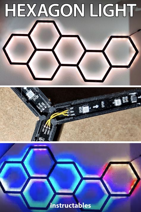 Quizcen shares how to make an LED hexagon light controlled by WLED and WS2811B diodes. #Instructables #electronics #technology #lighting #LED Wall Led Design, Led Diode Projects, Diy Led Lamp Ideas, Led Diy Projects, Led Strip Lights In Bedroom, Led Projects Diy, Led Board Design, Honeycomb Lighting, Led Wall Design