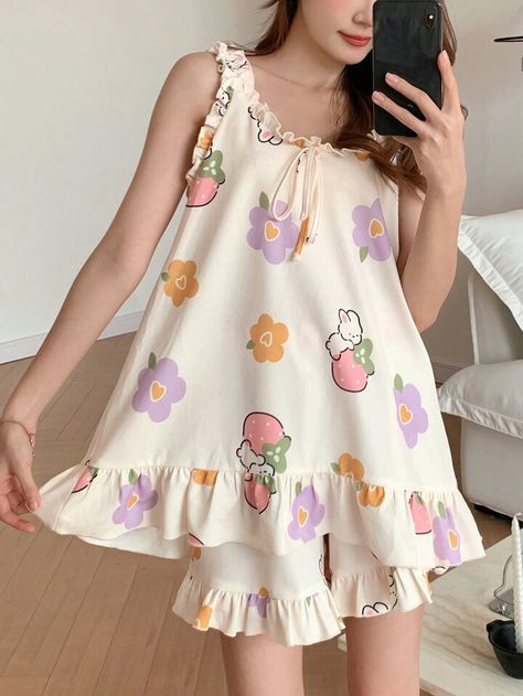 DAZY Cute Cartoon Rabbit And Flower Pattern Pajama Set With Ruffle Trim Decoration | SHEIN USA Cute Pajama Dress, Beige Cartoon, Sleep Wear For Women, Casual Home Outfits, Sleep Outfit, Cute Cartoon Rabbit, Pijamas Women, Cute Pajama, Pajama Fashion