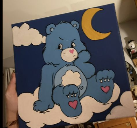 Heart carebear clouds moon cute paintings acrylic paint drawing Grumpy Care Bear Painting, Painting Ideas Easy Simple Cartoon, Disney Room Art, Grumpy Bear Drawing, Grumpy Bear Painting, Care Bears Drawing Easy, Grumpy Care Bear Drawing, Care Bears Painting Canvas, Carebears Painting Ideas