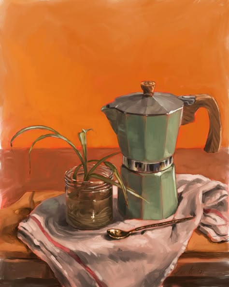 Morning still life. ☕️ #coffee #stilllife #theuglycat #theuglycatstudio #digitalart #art #cozy #mornings #oilpainting #digitalpainting #procreate #painting Still Life Art Reference, Coffee Oil Painting, Coffee Shop Painting, Coffee Still Life, Still Life Coffee, Cafe Painting, Plant Still Life, Moka Coffee, Still Life Fine Art