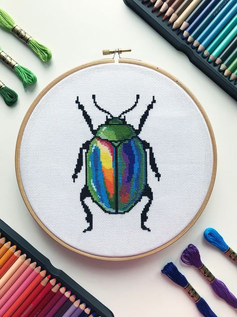 Rainbow Beetle Cross Stitch Pattern PDF, Modern Bug Cross Stitch Art, Scarab Beetle Pattern, Insect Hand Embroidery Design, Instant Download - Etsy Denmark Beetle Pixel Pattern, Rainbow Beetle, Bug Cross Stitch, Beetle Embroidery, Cicada Cross Stitch, Beetle Pattern, Cross Stitch Insects, Beetle Cross Stitch Pattern, Beetle Cross Stitch