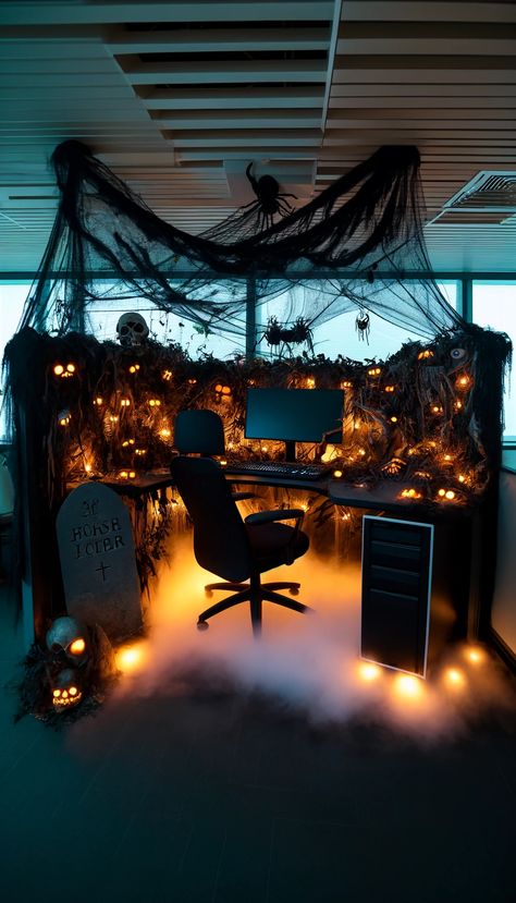 21 Spook-tacular Halloween Decoration Ideas to Elevate Your Haunt 🎃👻 - Laugh Lore Halloween Theme For Office, Office Haunted House Ideas, Cubicle Halloween Decorations Office, Halloween Office Themes, Halloween Cubicle Decor, Office Cubicle Decor Ideas, Cubicle Halloween Decorations, Halloween Desk Decor, Halloween Office Decor