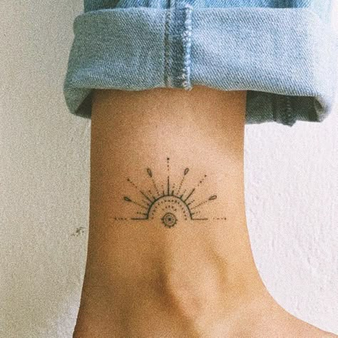 Boho Small Tattoos, Boho Wave Tattoo, Beautiful Sun Tattoo, Dainty Sun Tattoo, Sun And Wave Tattoo, Boho Tattoos, Handpoke Tattoo, Sun Tattoo, Dainty Tattoos