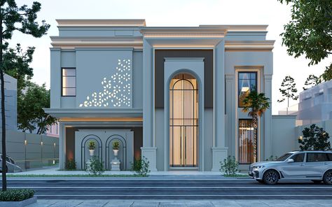 Neo Classic Villa Exterior on Behance New Classic Villa Exterior Design, Neo Classic Villa Exterior, New Classic Architecture, Neo Classic Villa, Classic Villa Exterior, New Classic Villa, Classic Villa Design, Architecture House Plans, Villa Exterior Design