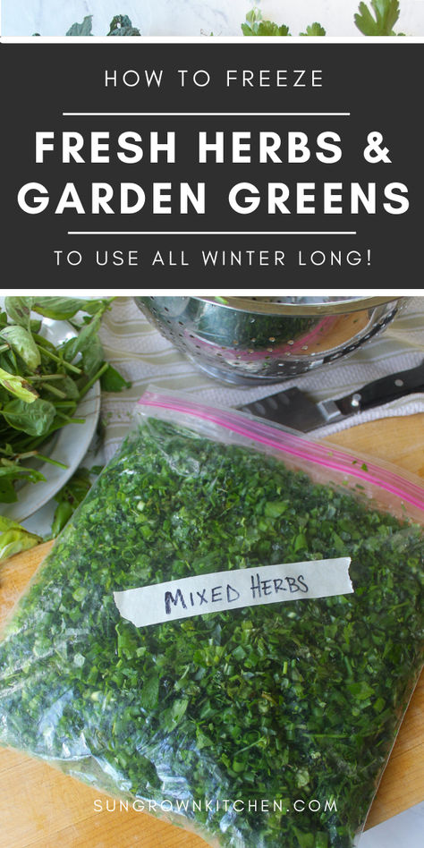 A bag of chopped herbs for the freezer. Freezing Herbs In Butter, How To Save Fresh Herbs, How To Preserve Fresh Herbs, Freezing Oregano, How To Freeze Fresh Herbs, Garden Harvest Recipes, Saving Fresh Herbs, How To Freeze Herbs, Freeze Fresh Herbs