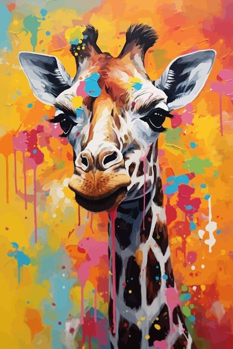 Colourful Giraffe Painting, Colorful Giraffe Painting, Giraffe Paintings, Farm Animal Painting, Animal Photography Wildlife, Giraffe Painting, Giraffe Art, Digital Portrait Art, Animal Painting