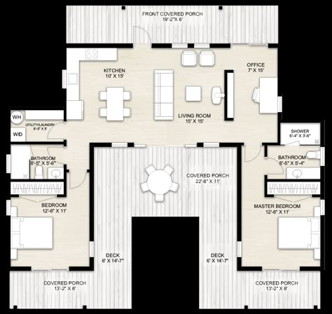 Reka Bentuk Rumah Kecil, U Shaped House Plans, U Shaped Houses, Shaped House, Guest House Plans, Small House Floor Plans, Modern Style House Plans, Tiny House Floor Plans, House Layout