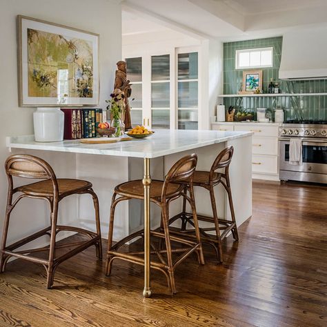 Kitchen Island Overhang, Kitchen Island With Legs, Brass Kitchen Island, Provincial Kitchen, Bistro Shelving, Brass Shelving, Small Galley Kitchen, Sunset House, Glass Shelves Kitchen