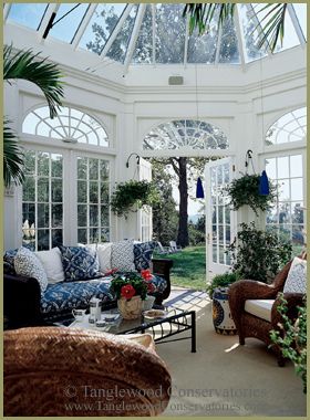 This is the interior of the Classic Conservatory that is shown on P. 6 of the Conservatory Photo Gallery on our website. The doors open out onto a sumptuous green shaded by the antique oak. The river is seen off in the distance below Conservatory Interior, Conservatory Design, Sunroom Designs, Lots Of Windows, Enchanted Home, Glass Roof, Glass House, Outdoor Rooms, Home Fashion