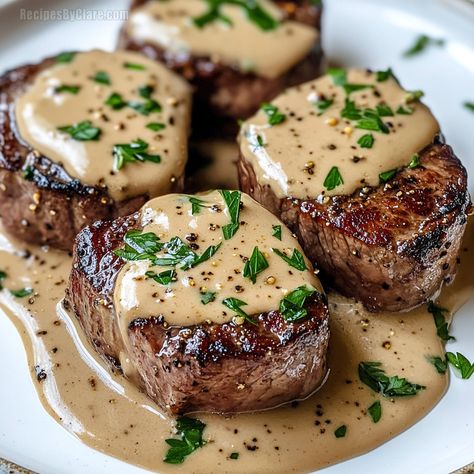 Peppercorn Steak with Creamy Sauce Recipe | Gourmet Steak Dinner - Recipes By Clare Filet Mignon With Shallot Peppercorn Cream Sauce, Cognac Steak Sauce, Beef Tenderloin With Peppercorn Sauce, Steak With Pesto Sauce, Whiskey Peppercorn Sauce For Steak, Petite Filet Mignon Recipe, Steak Peppercorn Sauce, Pepper Corn Sauce For Steak, Gravy For Steak