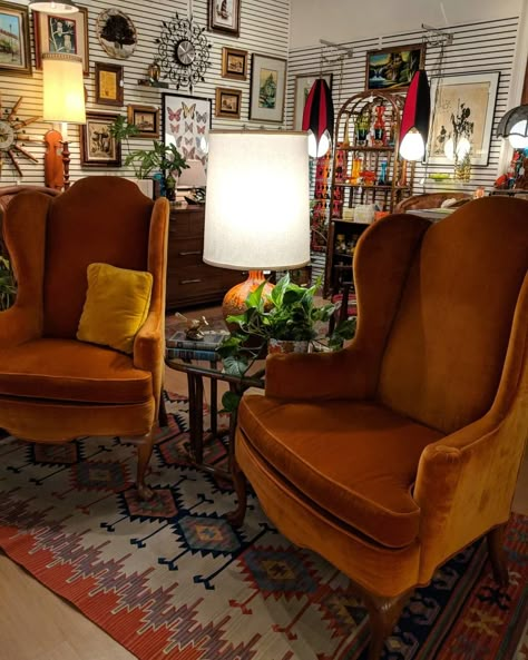 Orange Wingback Chair, Wingback Chair Boho Living Room, Wingback Chair Bedroom, Wingback Chair In Bedroom, Wingback Chair Fireplace, Orange Velvet Armchair, Yellow Wingback Chair, Orange Velvet Chair Living Room, Styling Wingback Chairs