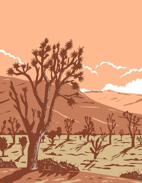 Joshua tree in the Mojave Desert within Joshua Tree National Park in California and Nevada, WPA Poster Art Joshua Tree Drawing, Desert Landscape Illustration, Joshua Tree Illustration, Desert Room, Joshua Tree Graphic Design, Joshua Tree Artwork, Joshua Tree Art, Wpa Posters, The Joshua Tree