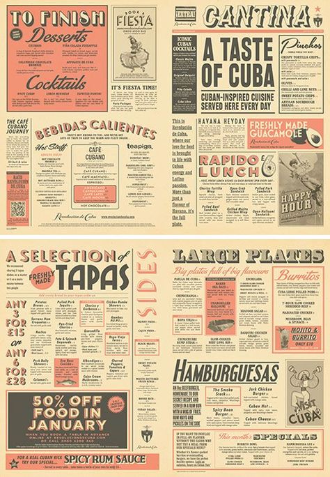 Retro Brochure, Menu Vintage, Restaurant Layout, Bar Deco, Menu Design Inspiration, Diner Menu, Cafe Menu Design, Newspaper Layout, Menu Layout