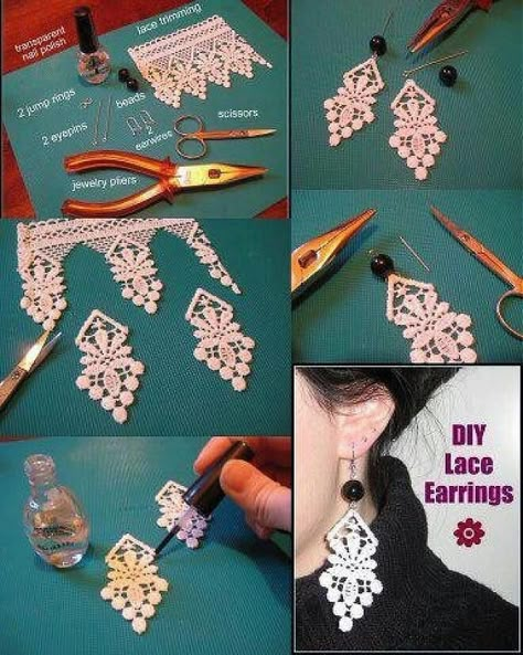 Lace earrings Tassle Earrings Diy, Diy Lace Earrings, Lace Diy Projects, Anting Manik, Lace Diy, Lace Crafts, Fabric Earrings, Lace Earrings, Lace Jewelry