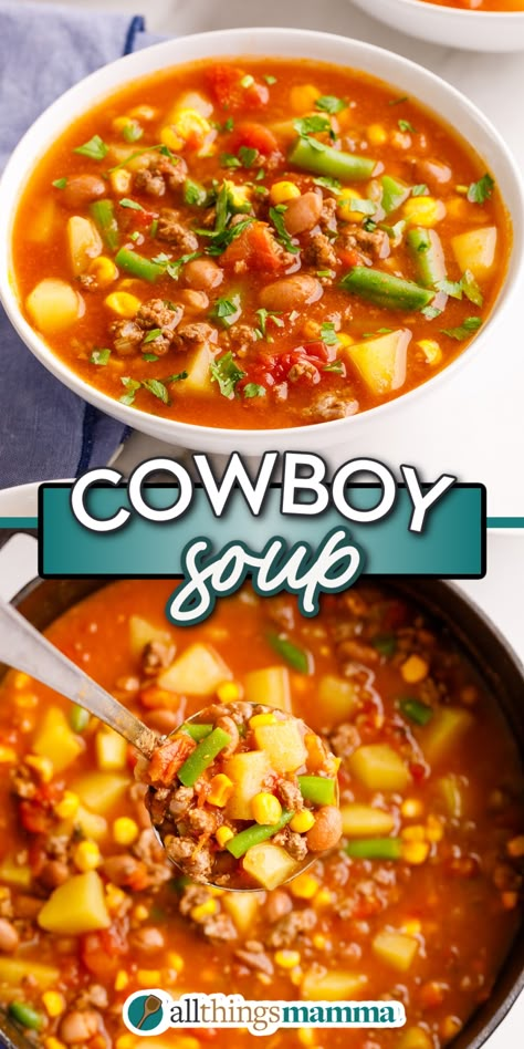 2-image collage showing Cowboy Soup Crock Pot Soups For A Crowd, South Western Soup, Texas Soup Recipes, Weight Watcher Soups In A Crock Pot, Easy Cowboy Soup, Cowboy Soup Recipe Crock Pot, Cowboy Soup Instant Pot, 8 Can Soup Recipe, Tex Mex Potato Soup