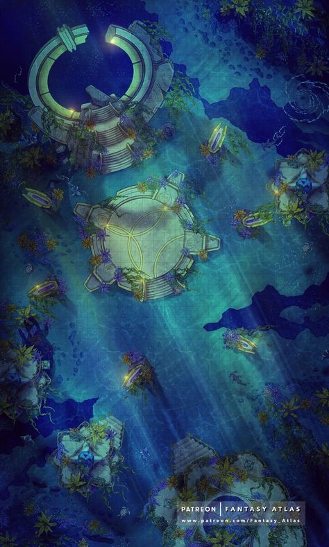 Atlantis Gate | Fantasy Atlas Ocean Battle Map Dnd, Lost City Of Atlantis Aesthetic, Atlantis Map, Atlantis Underwater, Port Aesthetic, Dnd Stat Blocks, Roll20 Maps, Dnd Battle Maps, City Of Atlantis