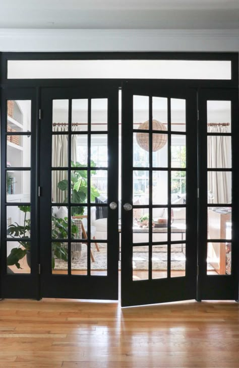 Black French Front Doors, French Doors Black, French Doors Office, Painted French Doors, Black French Doors, White French Doors, Shiplap Farmhouse, Barn Remodel, Black Interior Doors