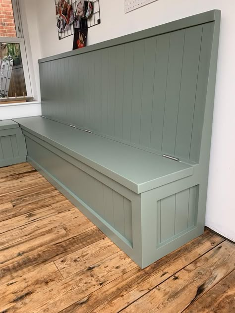 Painted Banquette Seating, Banquet Bench Seating, Bench Booth Seating, Corner Banquette Seating Dining Room Farmhouse, Green Kitchen Bench, Bonket Seating Dining Room, Green Banquette Seating, Diy Booth Seating, Kitchen Banquette Corner