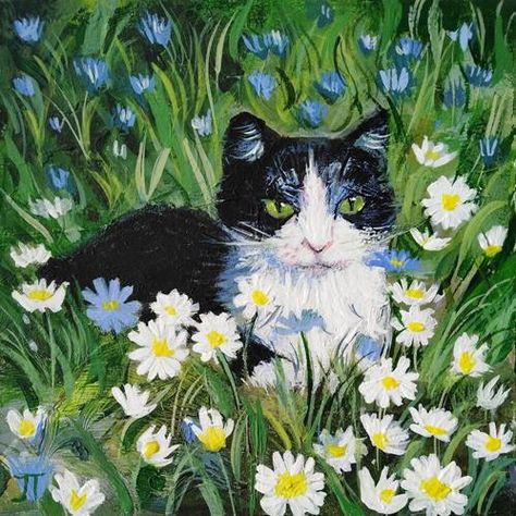 Chamomile Painting, Acrylic Painting Cat, Tuxedo Cat Art, Painting Daisy, Cat Art Painting, Cat Paintings, Painted Cat, Hand Painted Cat, Daisy Painting