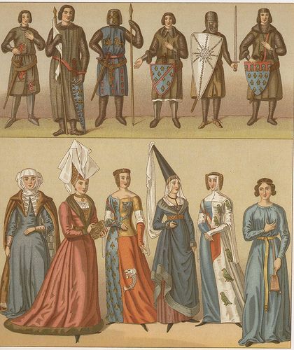 Racinets Medieval costumes - French royalty - 12th thr 14th century - Garments in the Middle Ages 15th Century Dress, 1400s Fashion, 15th Century Fashion, 14th Century Clothing, Middle Ages Clothing, Aged Clothing, Fashion Timeline, High Middle Ages, French Royalty