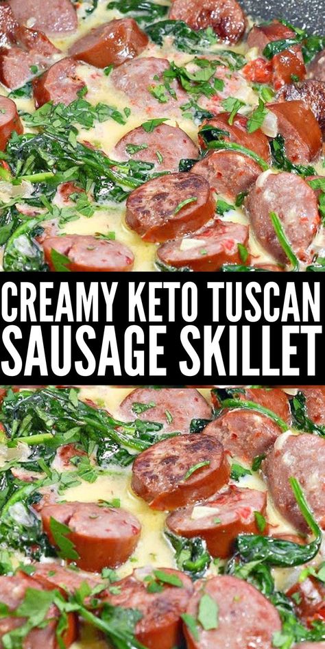 Creamy Keto Tuscan Sausage Skillet #creamyketotuscansausageskillet #tuscansausageskillet Keto Meals With Kielbasa, Spinach And Kielbasa Recipes, Keto Recipes Smoked Sausage, Low Carb Recipes Kilbasa, Keto Recipes Italian Sausage, Keilbasa Recipes Pasta Spinach, Keto Cold Dinner Ideas, Simple Keto Salads, Keto Sausage Recipes For Dinner