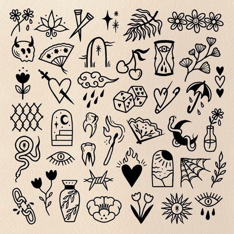 Small Fall Tattoos, Mini Traditional Tattoo, Very Simple Tattoos, Stick Poke Tattoo, Art Flash, Sharpie Tattoos, Flash Tattoo Designs, Tattoo Flash Sheet, Doodle Tattoo