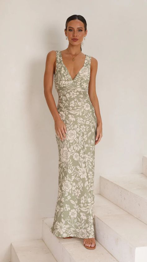 https://billyj.com.au/collections/full-length-maxi-dresses/products/rubie-maxi-dress-green-floral Sage Green Spring Dress, Green Print Bridesmaid Dresses, Garden Party Maxi Dress, Sage Green Dress Outfit, Garden Party Wedding Outfit, Formal Spring Wedding Guest Dress, Green Floral Bridesmaid Dresses, Garden Party Wedding Outfit Guest, Garden Wedding Outfit