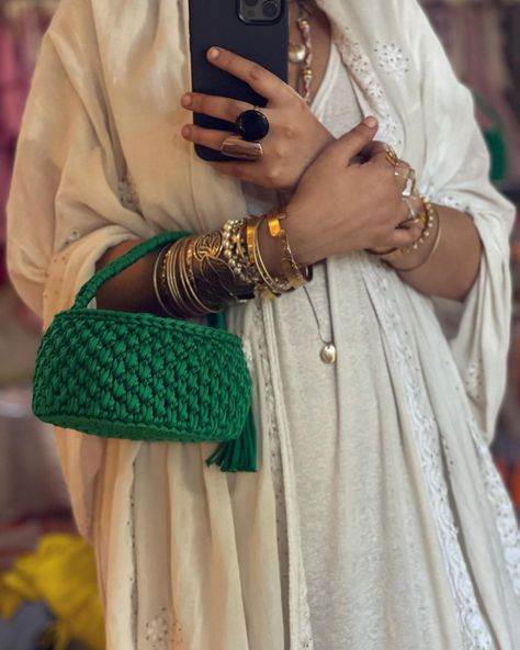 Anu Merton Jha on Instagram: “The stuff you can find at flea markets I tell you. I found this bag in a Goa flea market 💚” Anu Merton, Grand Millenial, College Outfit, Flea Markets, College Outfits, Goa, Pakistani Dresses, Flea Market, Indian Outfits